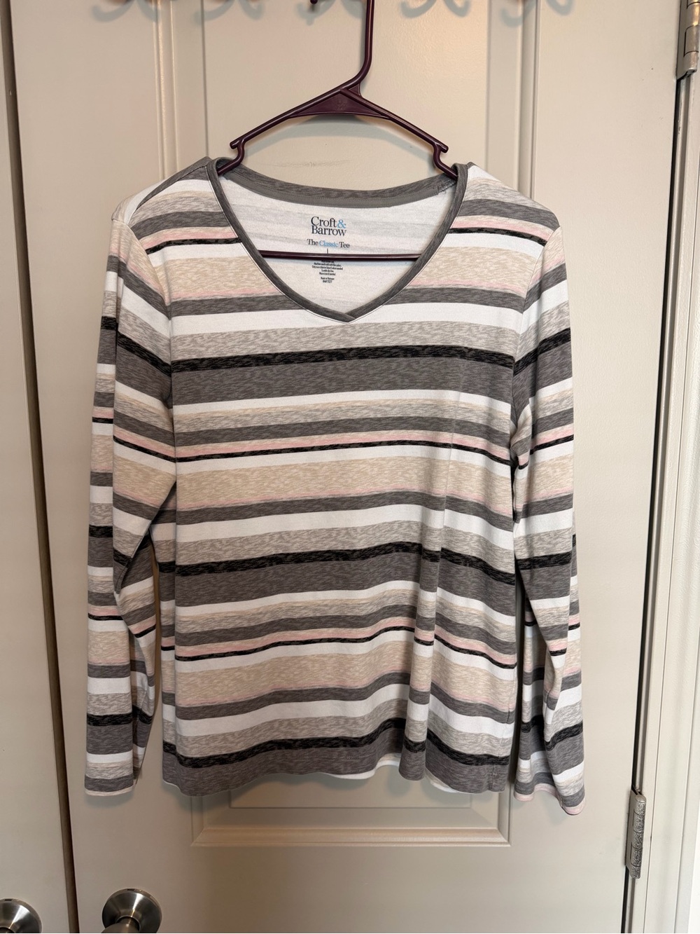 croft & barrow Striped V-Neck Sweater in Gray, White and Pink